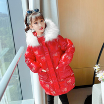 Childrens extra thick down cotton jacket foreign style new girls in the big children bright leather cotton wool collar plus velvet coat Chinese characters