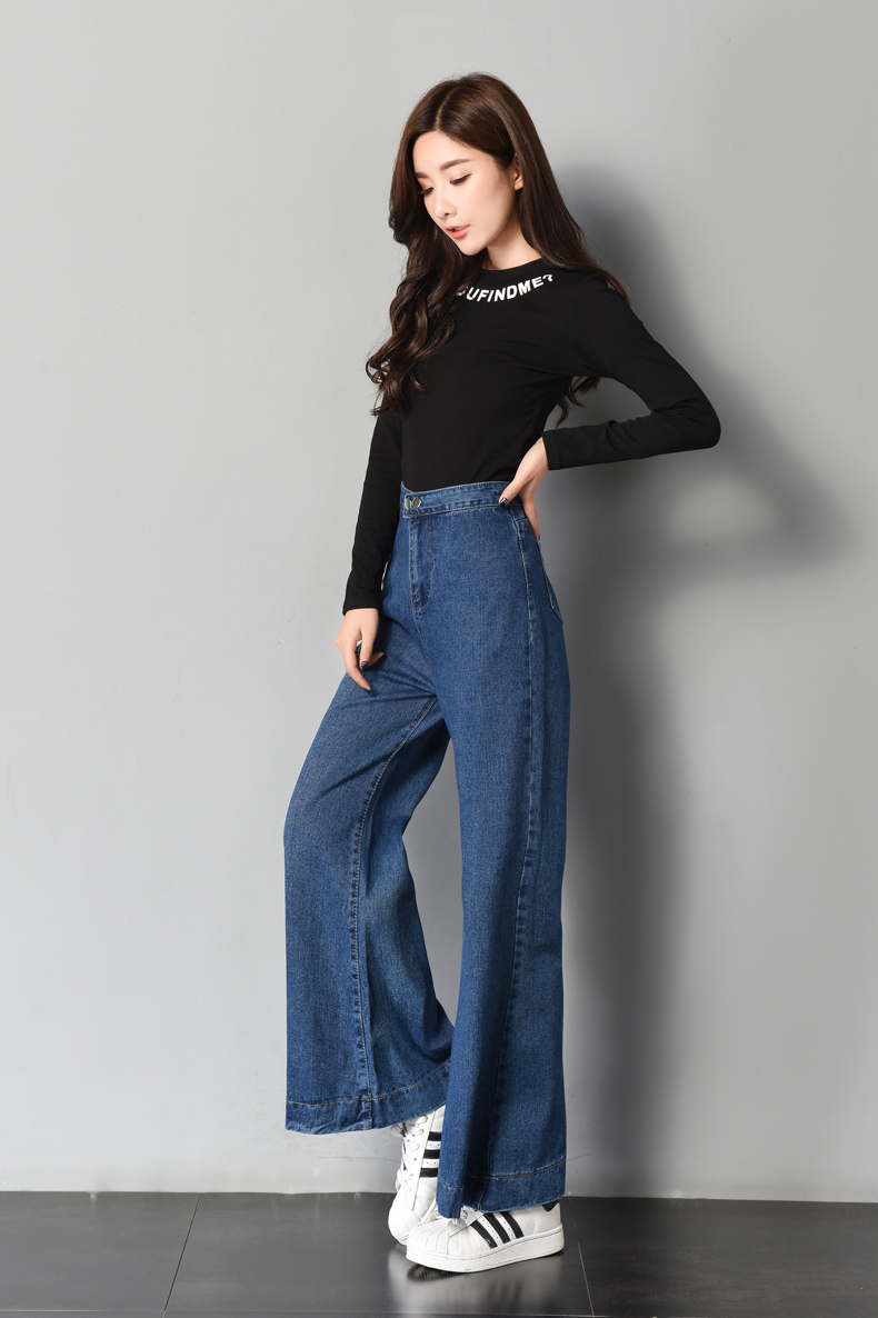 实拍2017年秋季新款双扣 高腰喇叭裤长裤阔脚裤女牛仔裤子 蓝色 xl