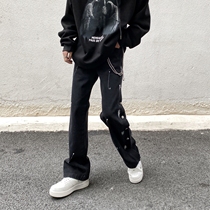 Non-damp near High Street American Draughty Jeans Black Loose straight drum Splash Paint Point American Hip Hop Pants Man