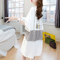 Design sense short sleeve sequins T-shirt dress Women Chater with long summer clothes loose and fake two nets red ins ultra-fire dress