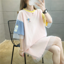Large Code Womens Clothing Fake Two Web Yarn Splicing Short Sleeve T-Shirt Female Summer Loose Korean version with a very fairy even dress