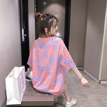 College wind student t-shirt female summer short sleeve 2020 new medium long section big code loose Korean version little frescoed dress