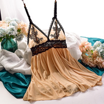 Clear Summer Sexy Sleeping Dress Deep V Harnesses Embroidered Water Flower Mesh Veil Translucent Pyjamas for medium length