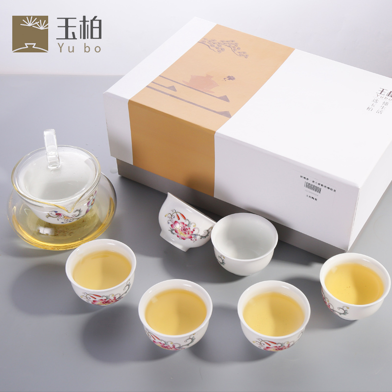 Jingdezhen ceramic tea sets tea cups white porcelain famille rose tea set kung fu tea is high temperature resistant glass) points