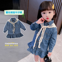 2021 spring new girls lace denim skirt childrens foreign style fashionable net red princess dress baby spring outfit