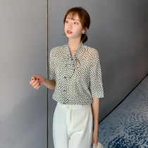 Polo point chiffon shirt womens summer 2021 New lace bow bow coat foreign style fashion Belly Belly short sleeve shirt