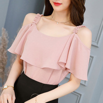 Chiffon shirt womens short sleeve 2021 summer new Korean version of sweet shoulder shirt Sexy Slim suspender