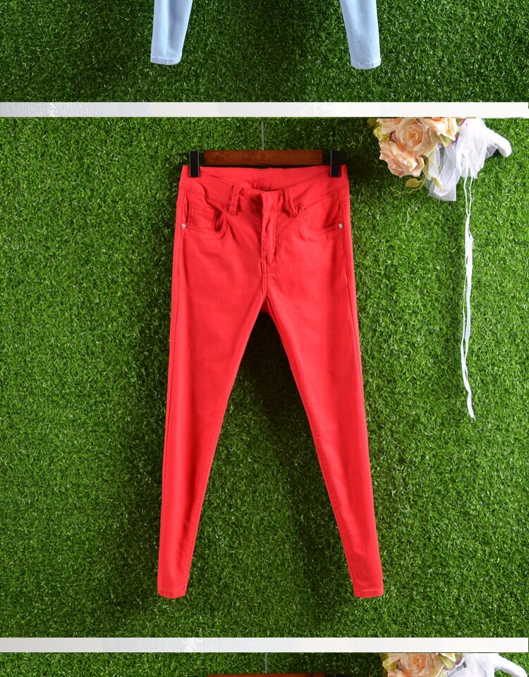 夏季薄款彩色裤子女纯棉弹力紧身九分牛仔裤小脚糖果色显瘦九分裤