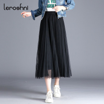 2021 new mesh skirt womens summer mid-length a-line pleated skirt large size high waist wild long yarn skirt