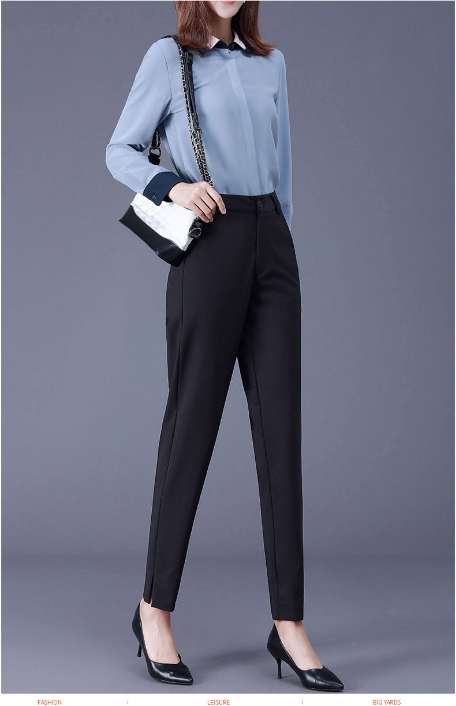 黑色裤子女2022春夏新款工装九分女裤显瘦休闲西裤职业小脚哈伦裤