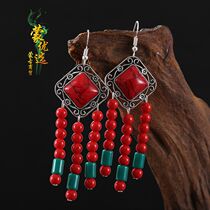 Mongolian earrings handmade string bead drop earrings long chain ethnic minority style earrings Mongolian clothing performance earrings