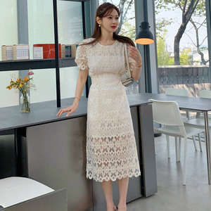 Korean style mid length lace up waist show slim and fresh lace dress