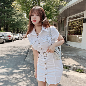 Summer style Korean style slim single breasted belt waist pack hip dress