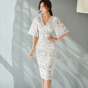 Slim V-neck mid length lace wrap hip dress