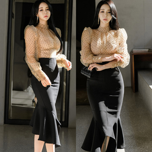 South Korean slim wave point fashion Ruffle Skirt Set