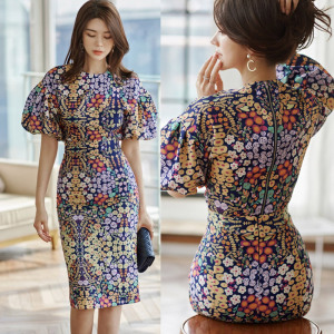 Two piece summer dress Korean Style Lantern Sleeve print top slit wrap hip Skirt Set