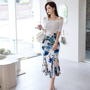 Two piece summer wear Korean slim knit top print bag hip fishtail skirt set for women