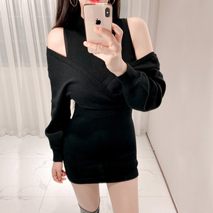 Two piece Korean style slim fit bat sleeve hip knit sweater dress