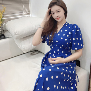 Korean style V-neck lace up waist mid long fashion short sleeve Polka point dress