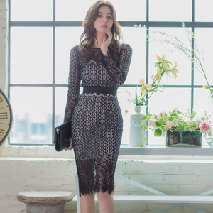 7358 autumn 2020 new Korean version slim fit medium length stitching waist closing lace hip dress