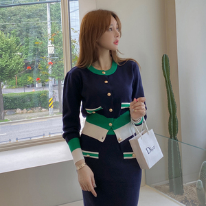 7356 new fall 2020 Korean casual knitted color matching cardigan top fashion slim fit wool skirt set