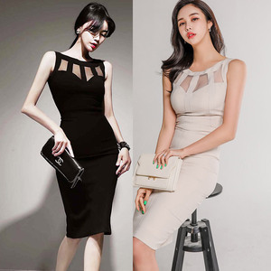 Korean celebrity temperament slim fit stitching mesh buttock show thin fashion dress