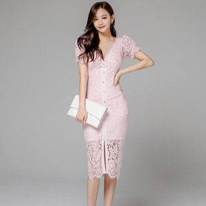 Korean celebrity temperament V-neck slim fit medium length single breasted lace dress for women