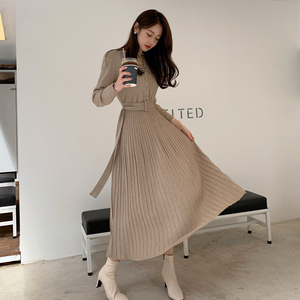 New style temperament V-neck belt all-match pleated skirt dress women