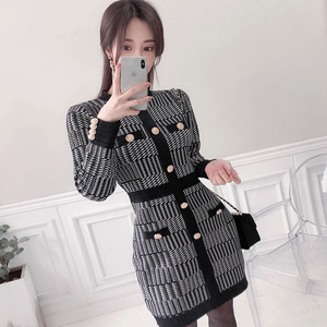 Autumn winter Korean style slim KNIT JACQUARD thousand bird check skirt dress