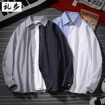 Long-sleeved striped shirt mens autumn new contrast stitching casual top Japanese small fresh couple shirt