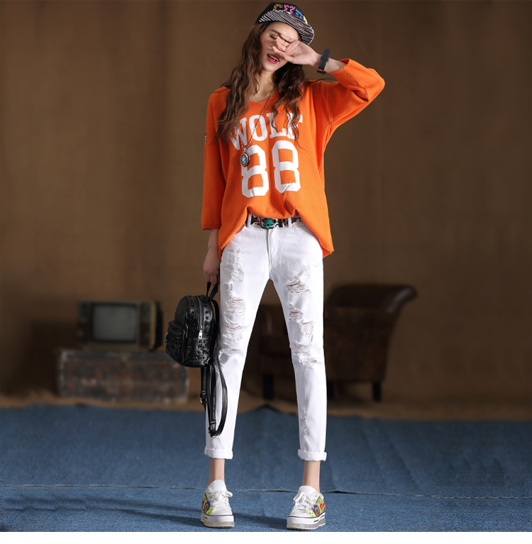 嬉皮少女白色破洞牛仔裤女夏2017新款九分裤