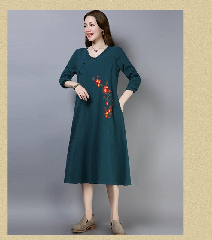 Bông và vải lanh khóa thêu trang phục dân tộc cổ điển mùa thu 2019 cộng với kích thước của phụ nữ Văn học Trung Quốc váy dài trung quốc - Váy dài