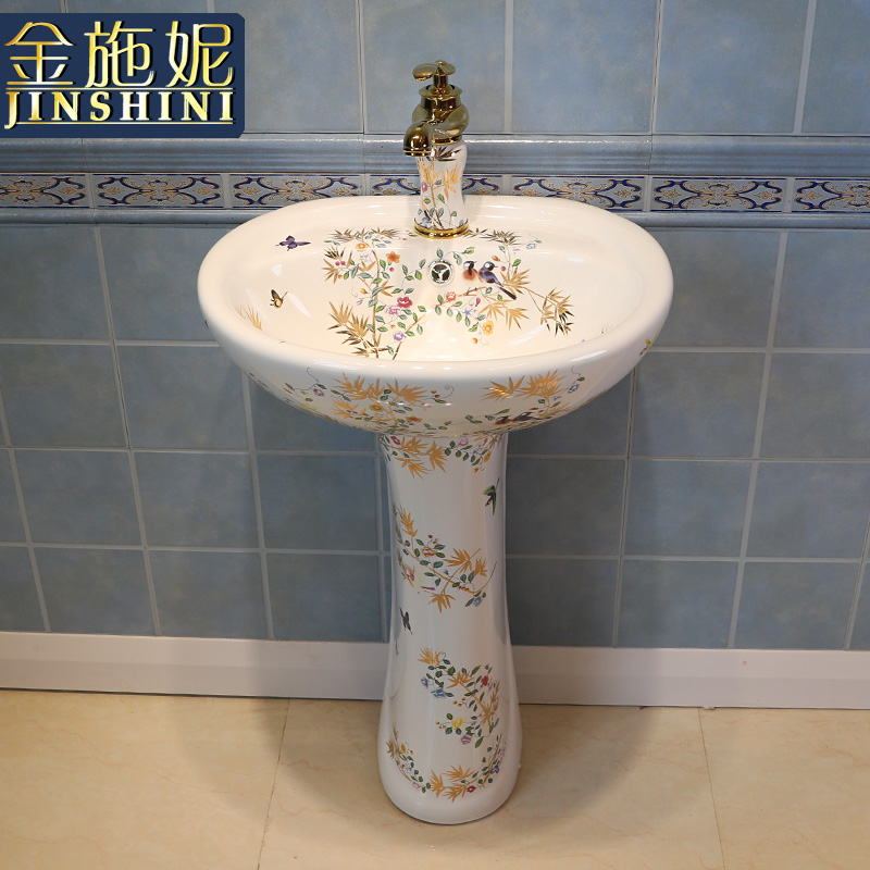 Gold cellnique art pillar basin ceramic lavatory basin contracted STDS hand one - piece modern flowers and birds