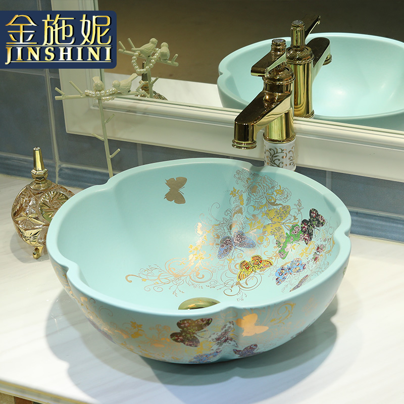 Gold cellnique jingdezhen ceramic sanitary ware art stage basin sink basin matte enrolled green, golden butterfly garden