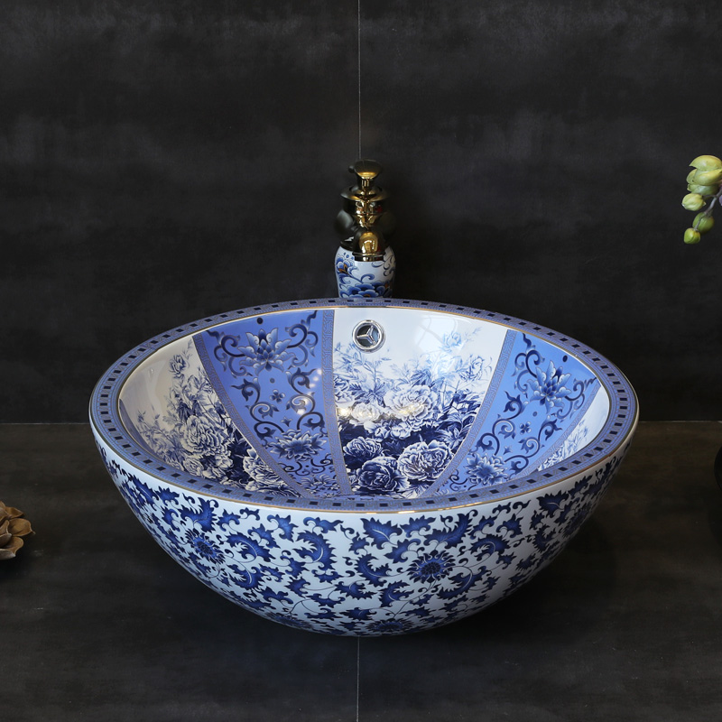 Gold cellnique round sink jingdezhen ceramic face basin stage basin sinks Chinese blue and white art basin