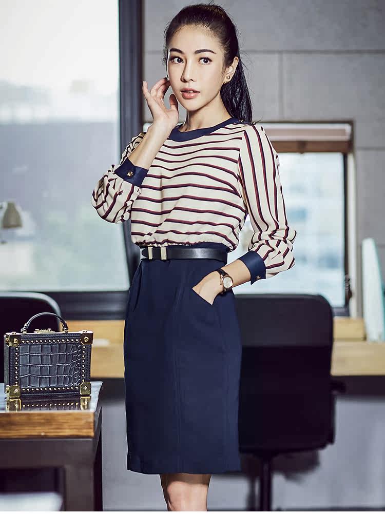 涟影职业连衣裙女2017秋季新款长袖条纹女装职业装套装气质工作服_7折