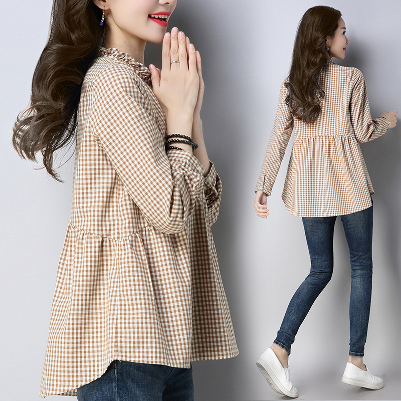 格子衬衫女长袖韩版宽松中长款娃娃衫秋 显瘦a字上衣2018春装衬衣_7折