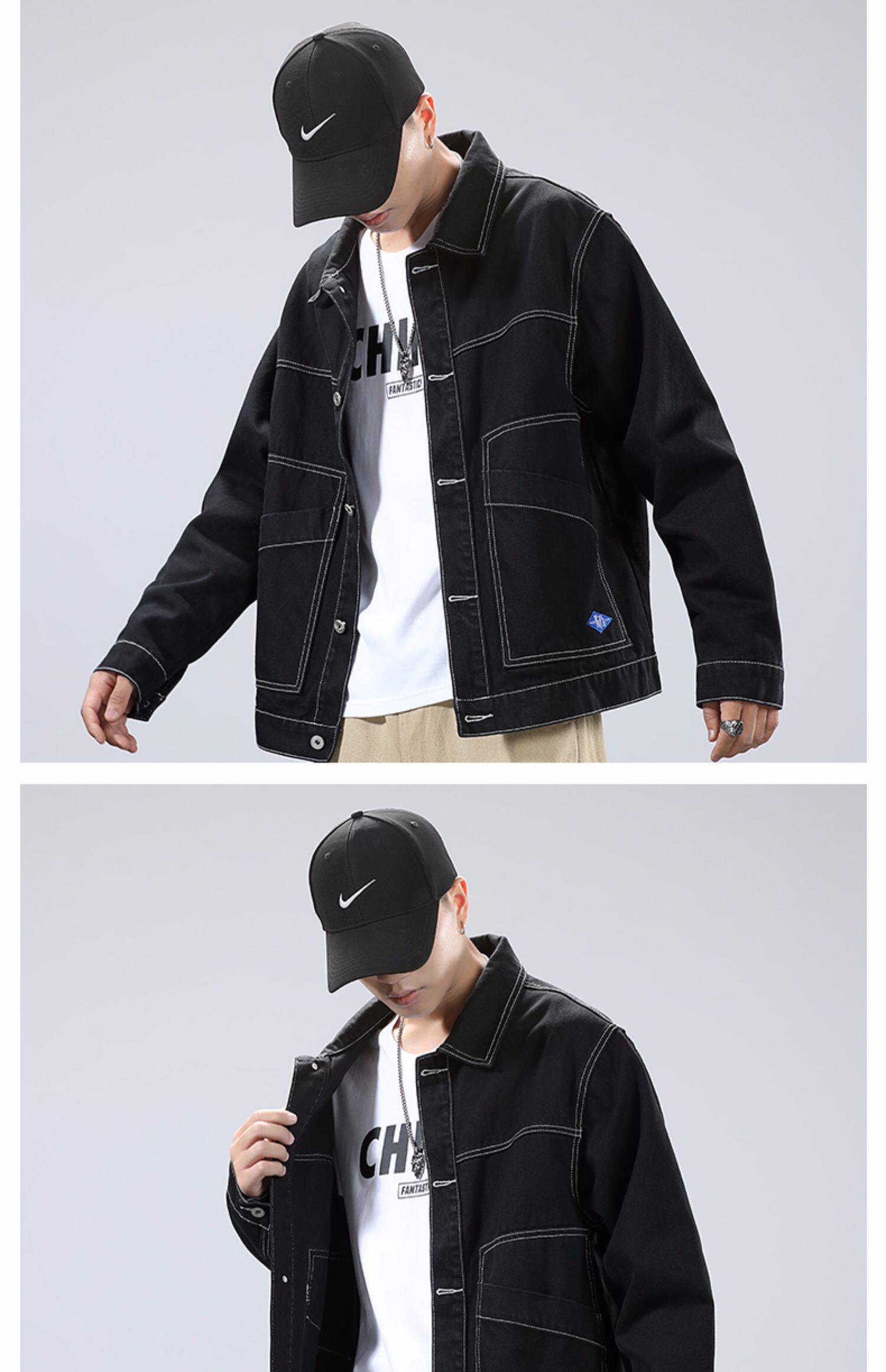 日系ins潮牌工装牛仔夹克男秋季宽松潮流上衣韩版情侣百搭外套潮