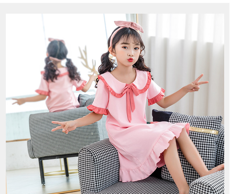 女童睡裙夏季纯棉薄款短袖可爱母女公主风儿童睡衣宝宝女孩家居服