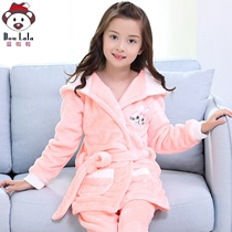 Childrens pajamas Girls autumn and winter flannel nightgown Big child girl coral velvet bathrobe thickened spring and autumn suit