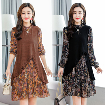 Spring and autumn 2021 new womens Korean version of the long section of the age-reducing belly knitted dress plus velvet base skirt