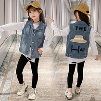 Girl straw hat denim vest 2020 Autumn New Medium Big Boy Joker net temperament denim vest waistline wear