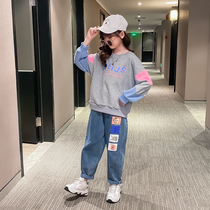 Girls casual stitching long sleeve set girls foreign jeans Korean version of two-piece Zhongdong Net red suit