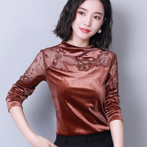 Lace base shirt female hollow interior with long sleeve foreign Spring Spring and Autumn New 2021 half high collar plus velvet gold velvet top