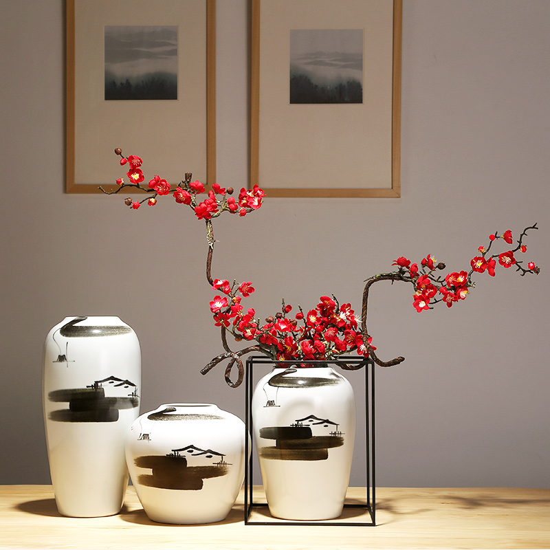 Jingdezhen modern new Chinese style ceramic checking ceramic crafts vase living room TV dry flower decoration set piece