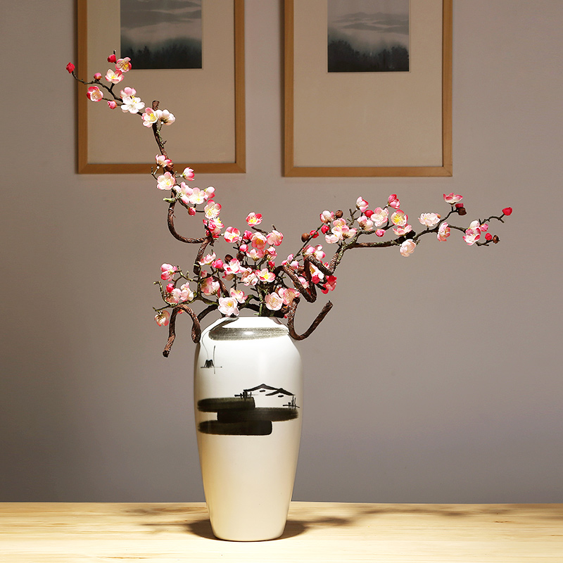 Jingdezhen modern new Chinese style ceramic checking ceramic crafts vase living room TV dry flower decoration set piece