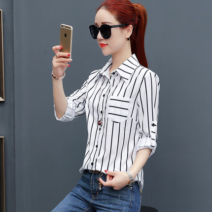 黑白条纹中长款雪纺衬衫女长袖2018春装新款