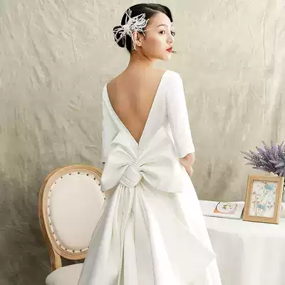 Satin wedding dress 2020 new tailed Bride wedding dress retro Hepburn long sleeve pregnant woman luxury