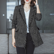 2021 autumn new small suit woolen jacket Korean version ladies size loose plaid suit design sense top