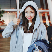 Solid color hooded sweater womens zipper cardigan spring and autumn BF leisure sports top loose Joker plus velvet sweater jacket